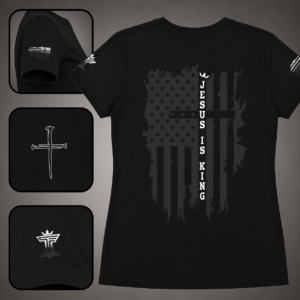 Black women’s Jesus Is King shirt with white accent, distressed American flag cross back design, sleeve flag, nail cross, and Triumph by Faith logo.