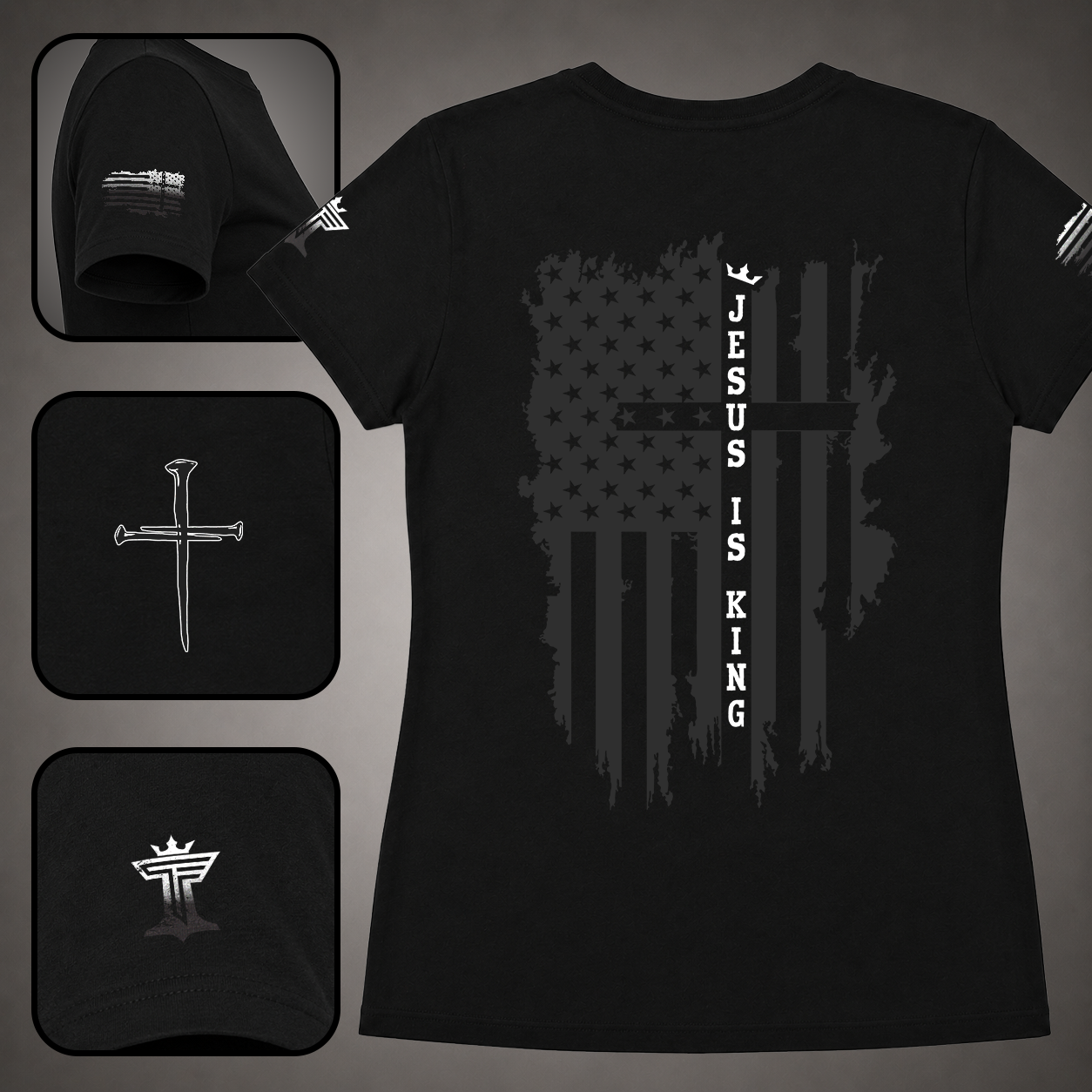 Black women’s Jesus Is King shirt with white accent, distressed American flag cross back design, sleeve flag, nail cross, and Triumph by Faith logo.