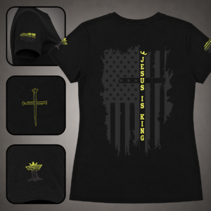 Black women’s Jesus Is King shirt with yellow accent, distressed patriotic cross flag back design, sleeve flag detail, nail cross, and Triumph by Faith logo.