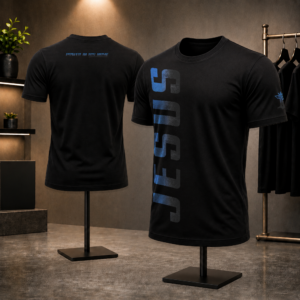 Jesus Vertical Mens blue graphic tee mockup on black shirt mannequins showing front, back, and sleeve print placement.