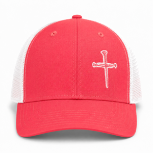 Nail Cross Ponytail Hat in coral and white front view with embroidered nail cross design