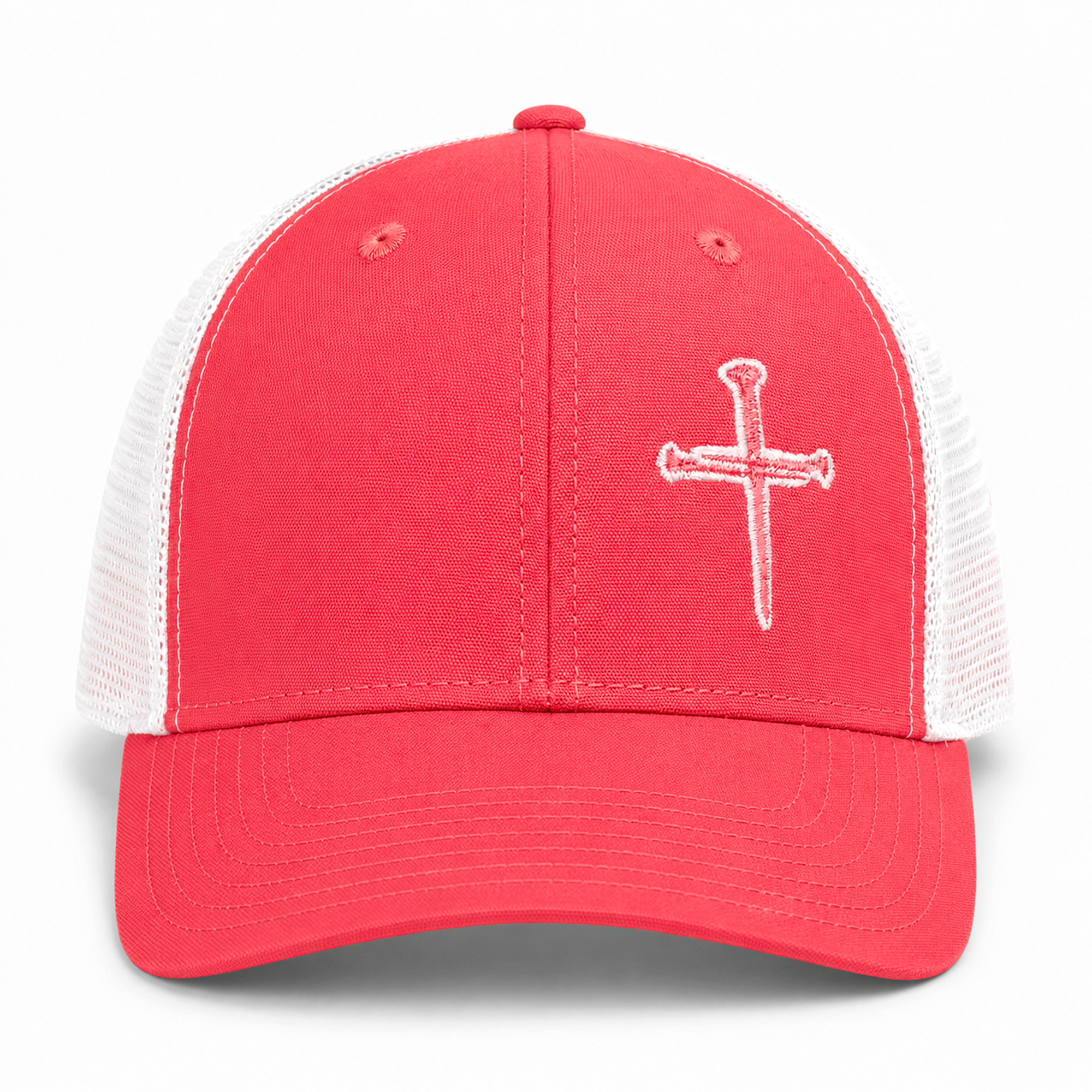 Nail Cross Ponytail Hat in coral and white front view with embroidered nail cross design