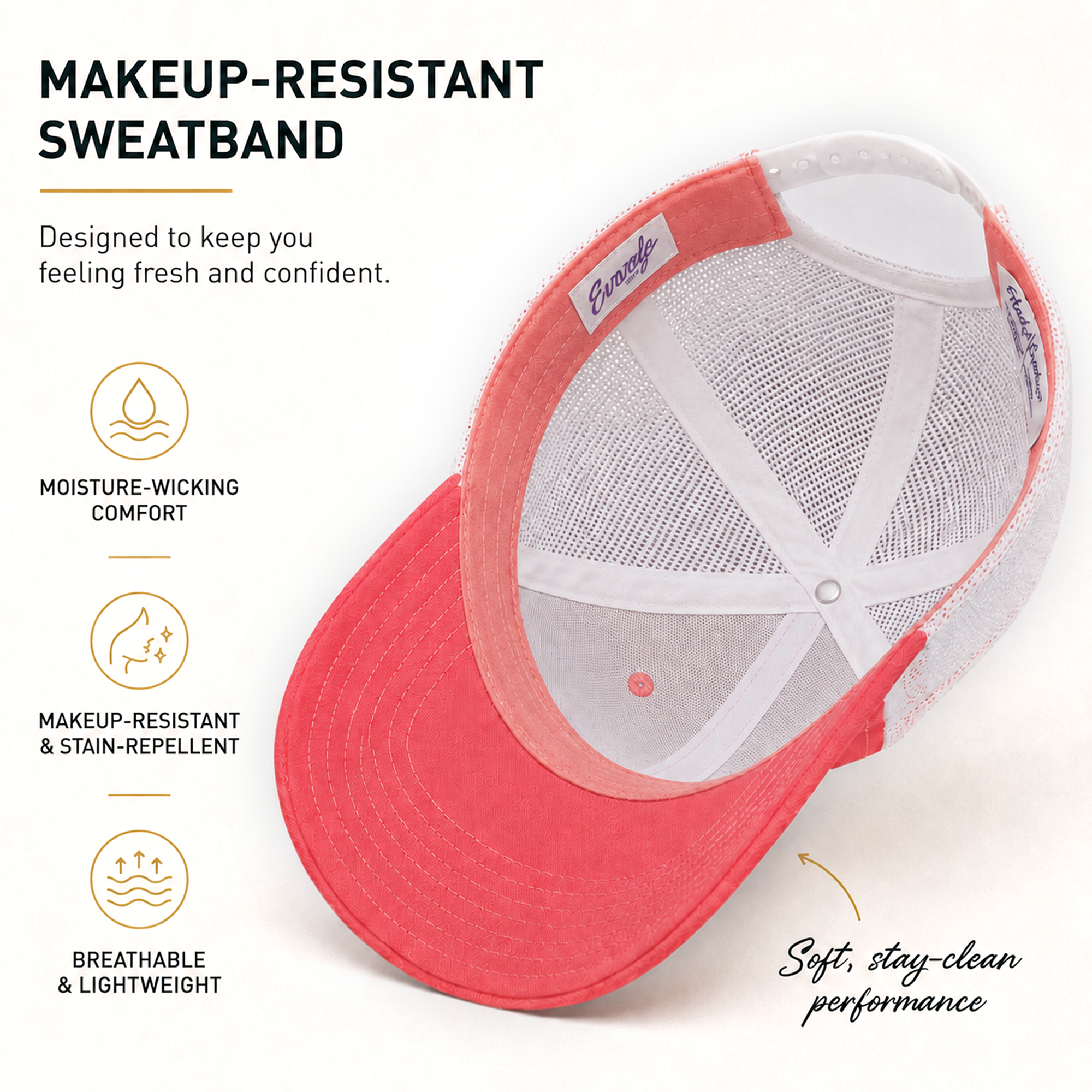 Nail Cross Ponytail Hat showing the makeup-resistant sweatband and breathable white mesh interior
