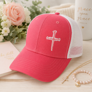 Nail Cross Ponytail Hat styled with flowers, faith accessories, and soft feminine decor