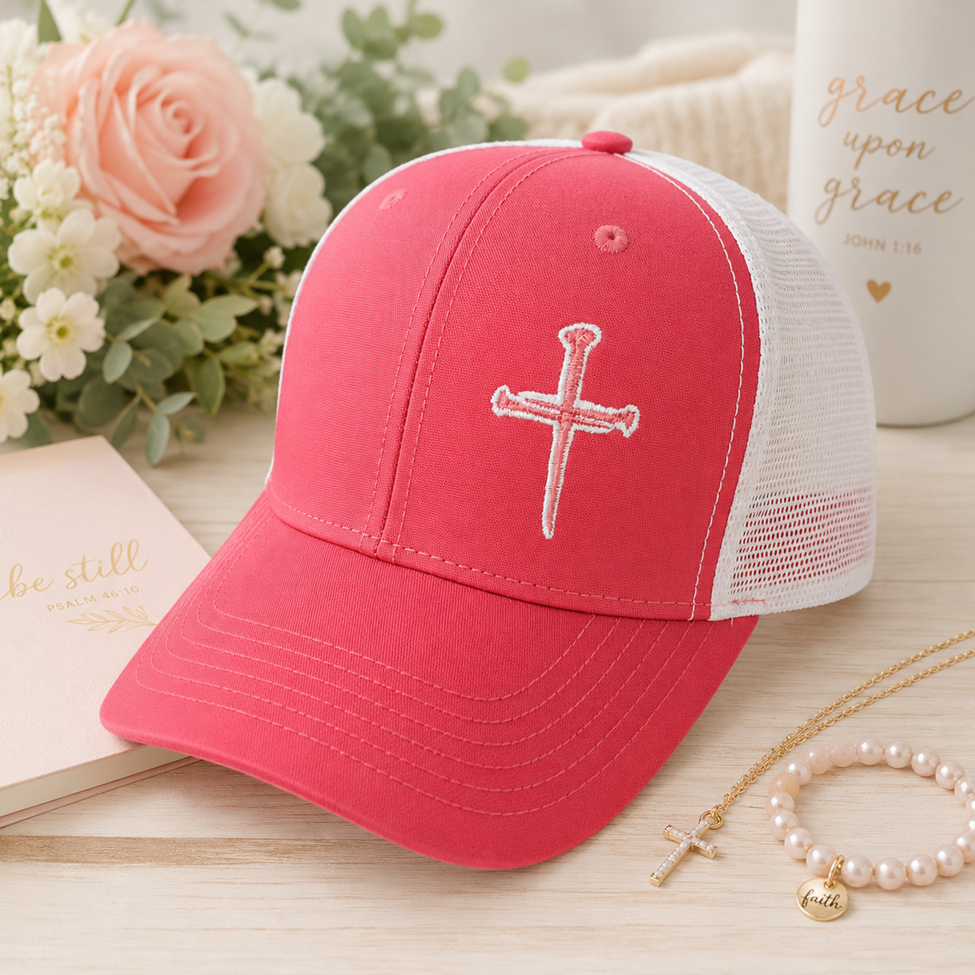 Nail Cross Ponytail Hat styled with flowers, faith accessories, and soft feminine decor