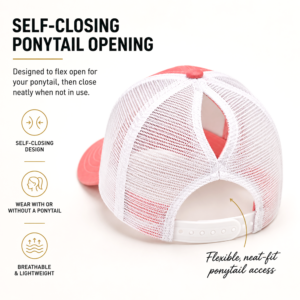 Nail Cross Ponytail Hat showing the self-closing ponytail opening and white snapback closure