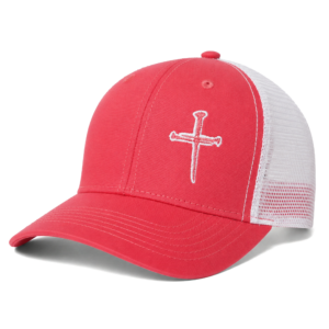 Nail Cross Ponytail Hat in coral and white side angle view with embroidered nail cross