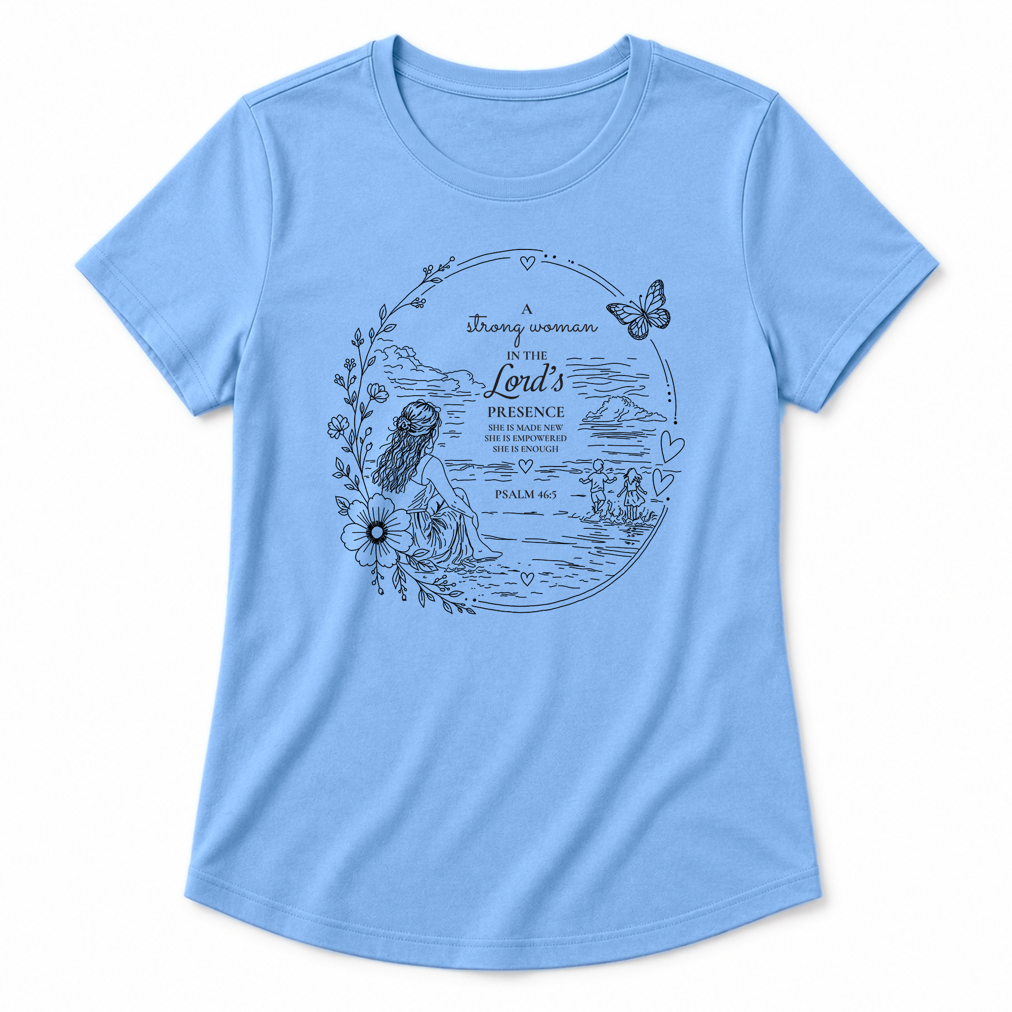 Strong Woman Christian graphic tee in Carolina Blue shown as a layflat mockup on a white background