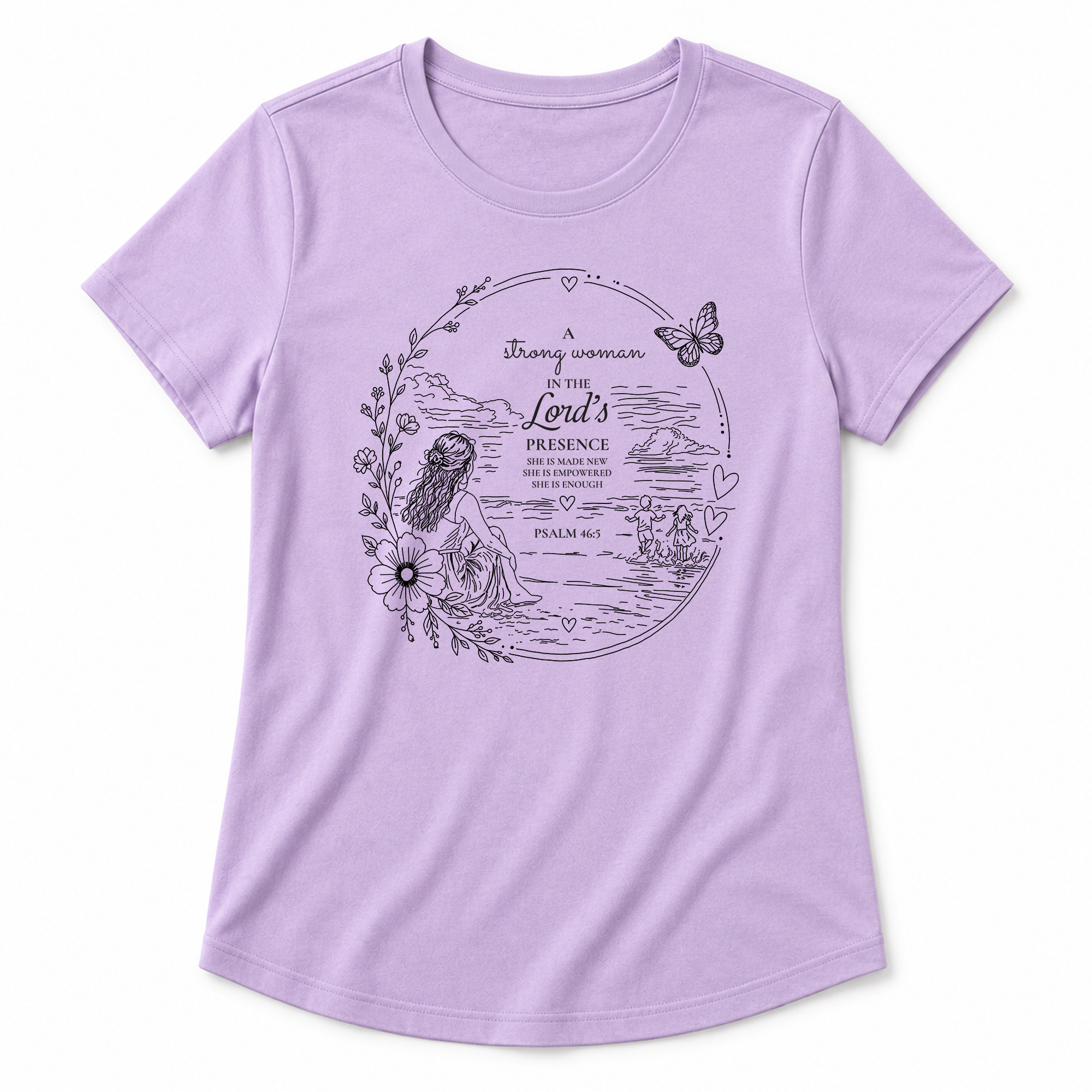 Strong Woman Christian graphic tee in Dark Lavender shown as a layflat mockup on a white background