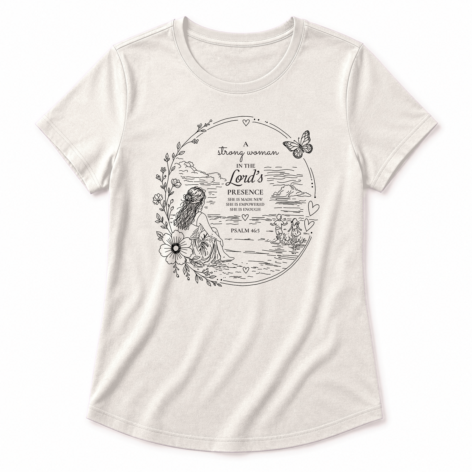 Strong Woman Christian graphic tee in Natural shown as a layflat mockup on a white background