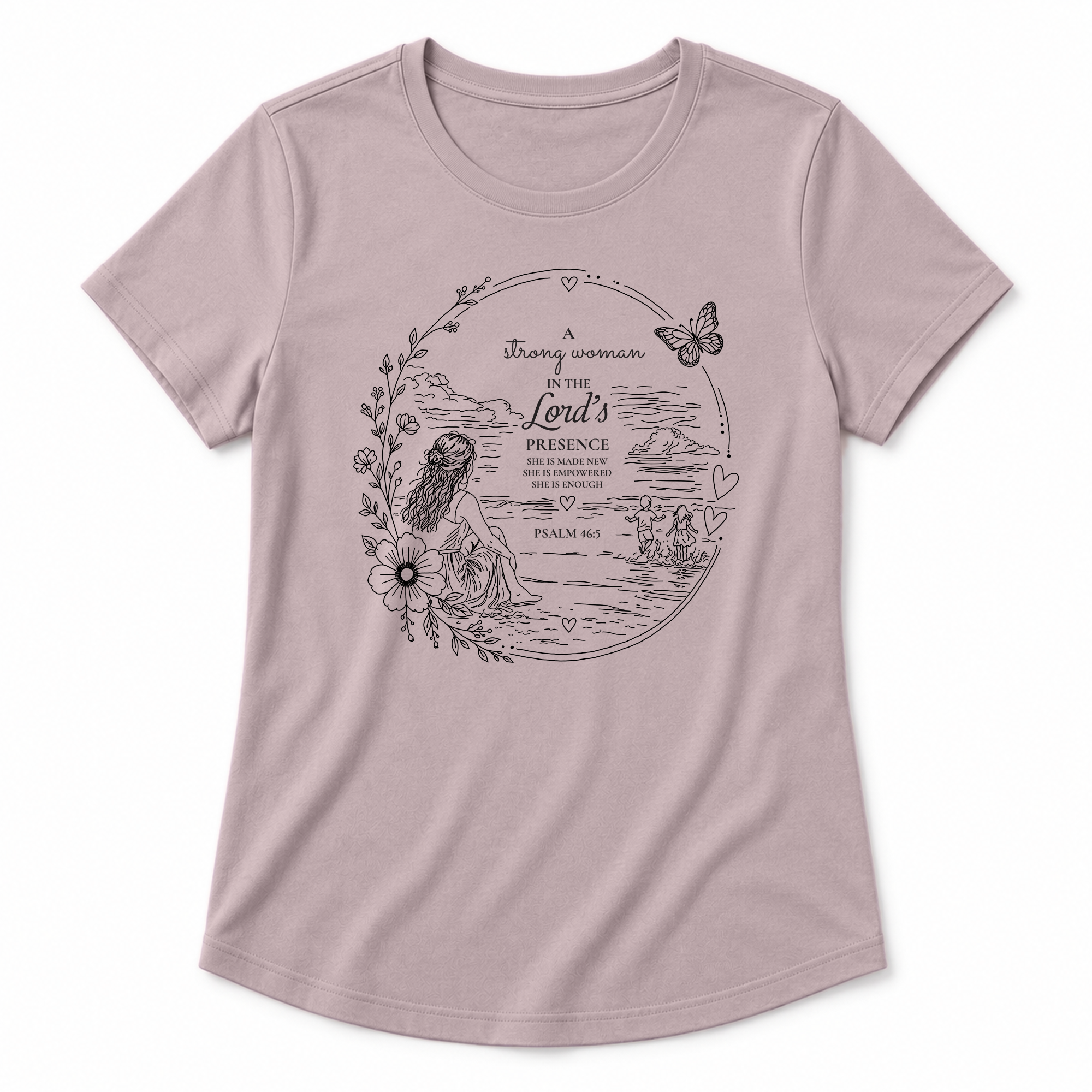 Strong Woman Christian graphic tee in Pink Gravel shown as a layflat mockup on a white background