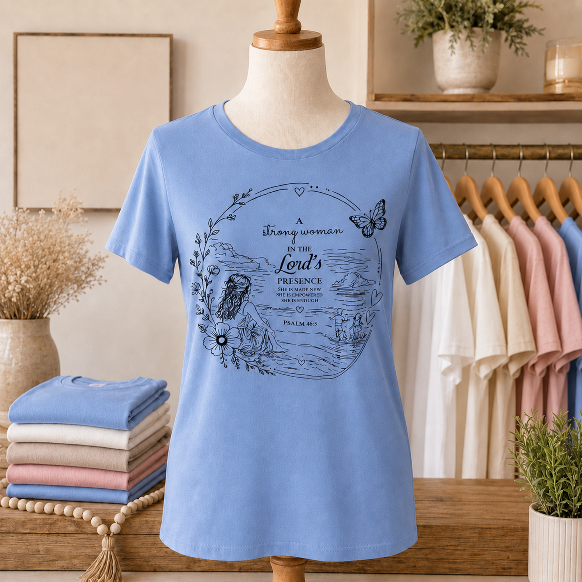 Strong Woman Christian graphic tee in Carolina Blue displayed on a boutique mannequin