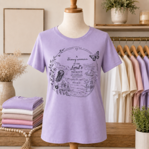 Strong Woman Christian graphic tee in Dark Lavender displayed on a boutique mannequin