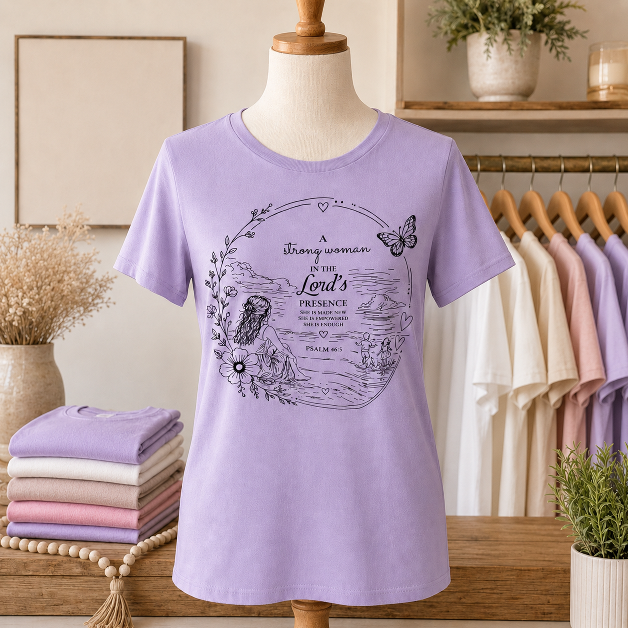 Strong Woman Christian graphic tee in Dark Lavender displayed on a boutique mannequin