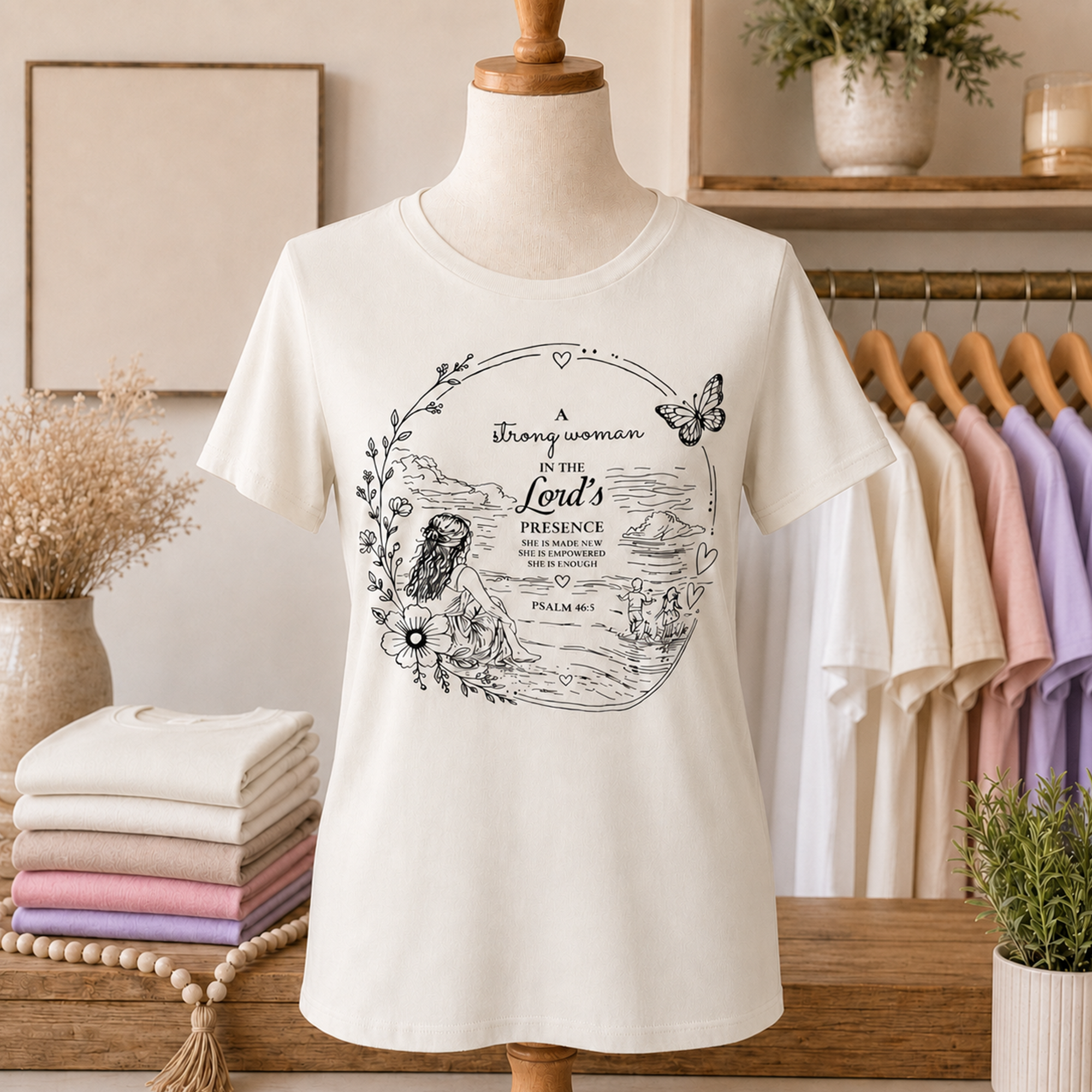 Strong Woman Christian graphic tee in Natural displayed on a boutique mannequin