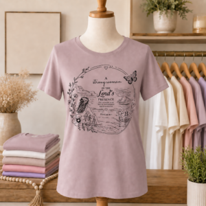 Strong Woman Christian graphic tee in Pink Gravel displayed on a boutique mannequin
