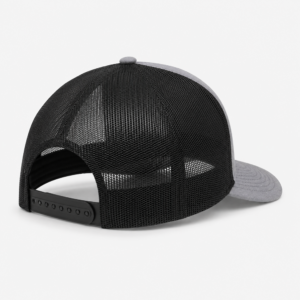 Back angle of the Texas Cutout Patch Trucker Hat showing black mesh, snapback closure, and gray front panels