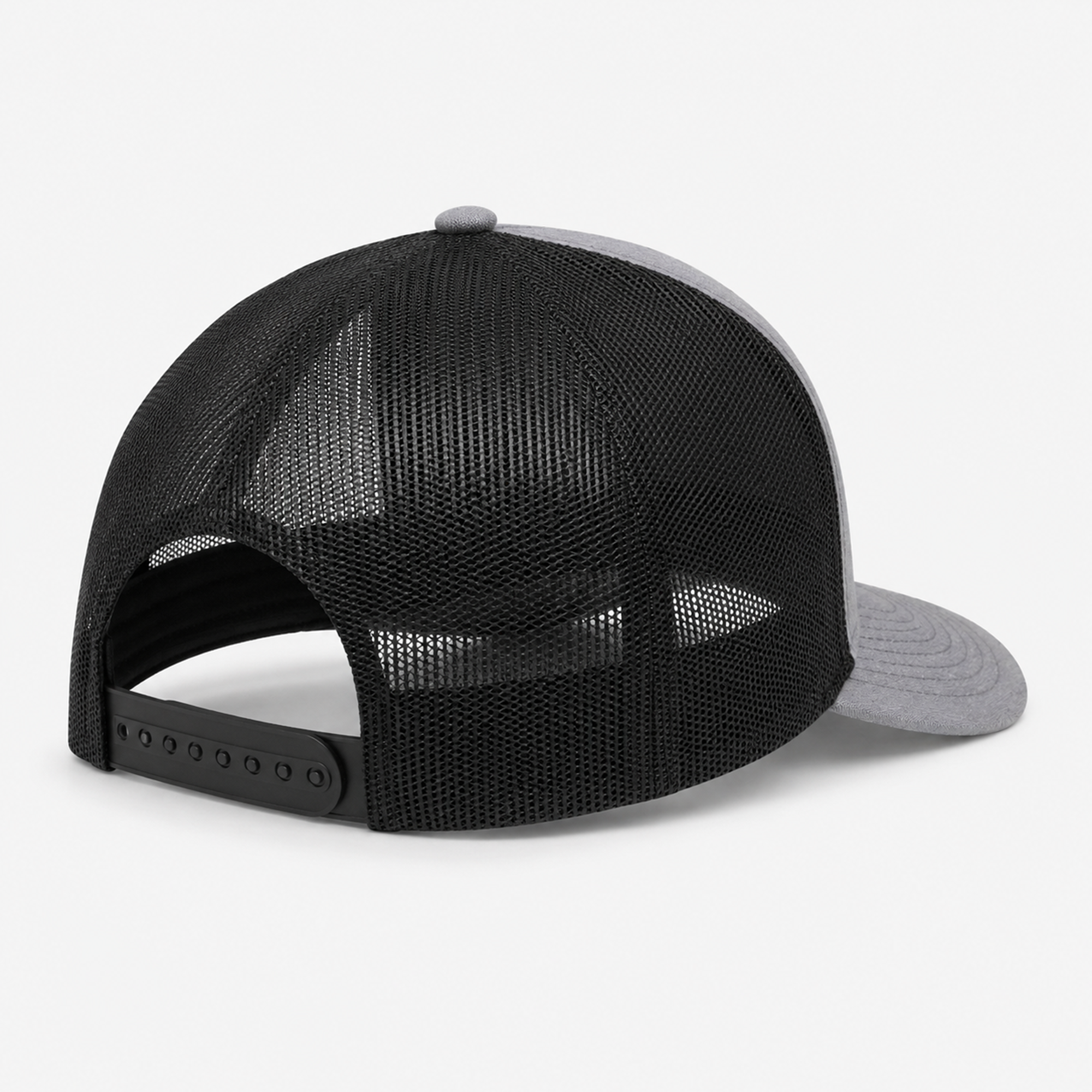Back angle of the Texas Cutout Patch Trucker Hat showing black mesh, snapback closure, and gray front panels