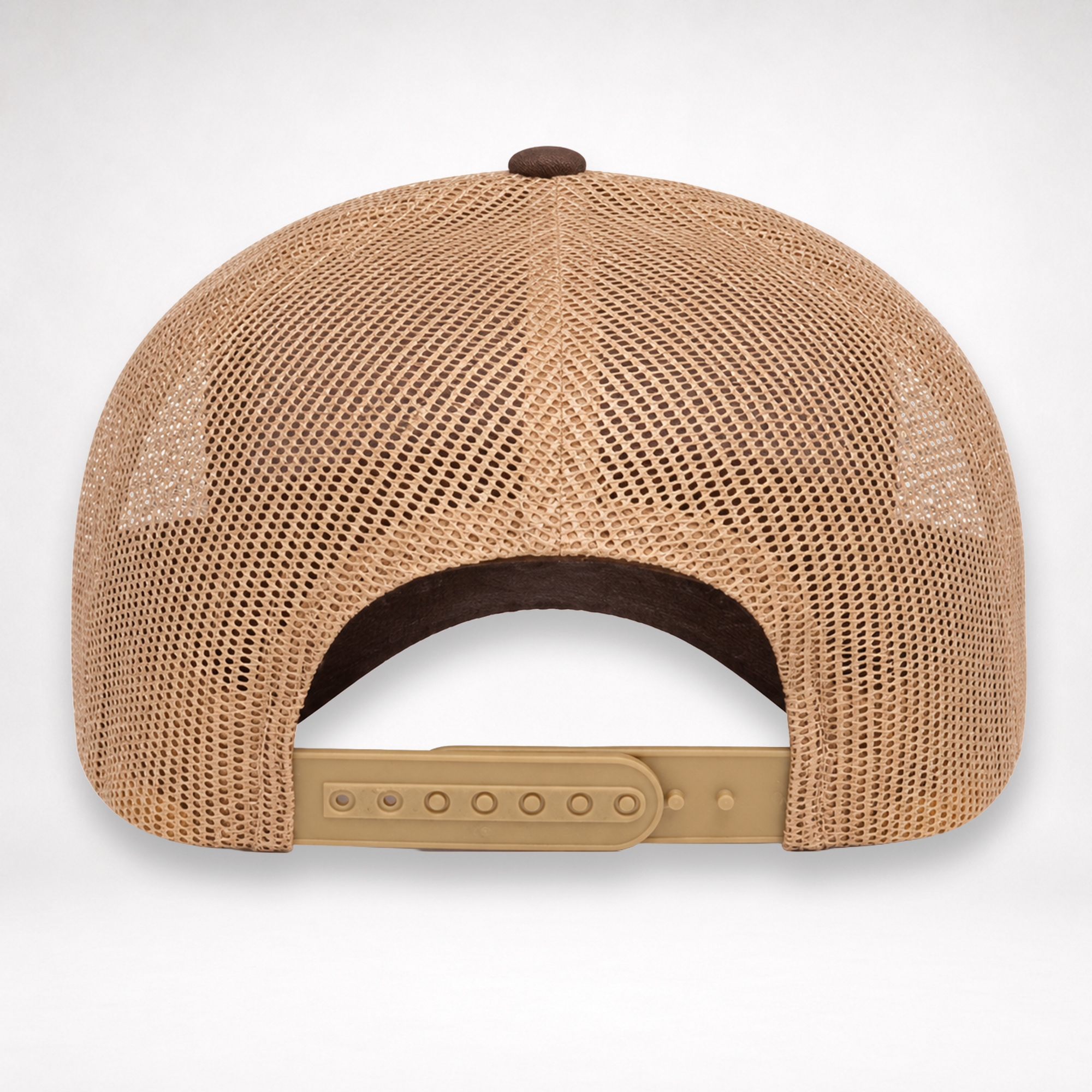 Back view of Texas Engraved Patch Trucker Hat with khaki mesh and adjustable snapback closure.