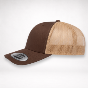 Side view of Texas Engraved Patch Trucker Hat with brown bill, khaki mesh back, and snapback sticker.