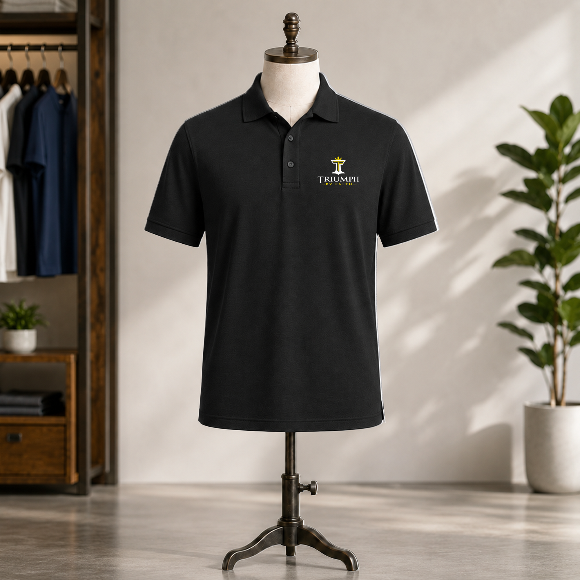 Jet black mens triumph athletic polo on a mannequin stand with embroidered Triumph by Faith chest logo.