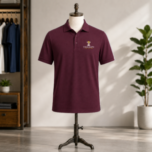 Athletic maroon mens triumph athletic polo on a mannequin stand with embroidered Triumph by Faith chest logo.