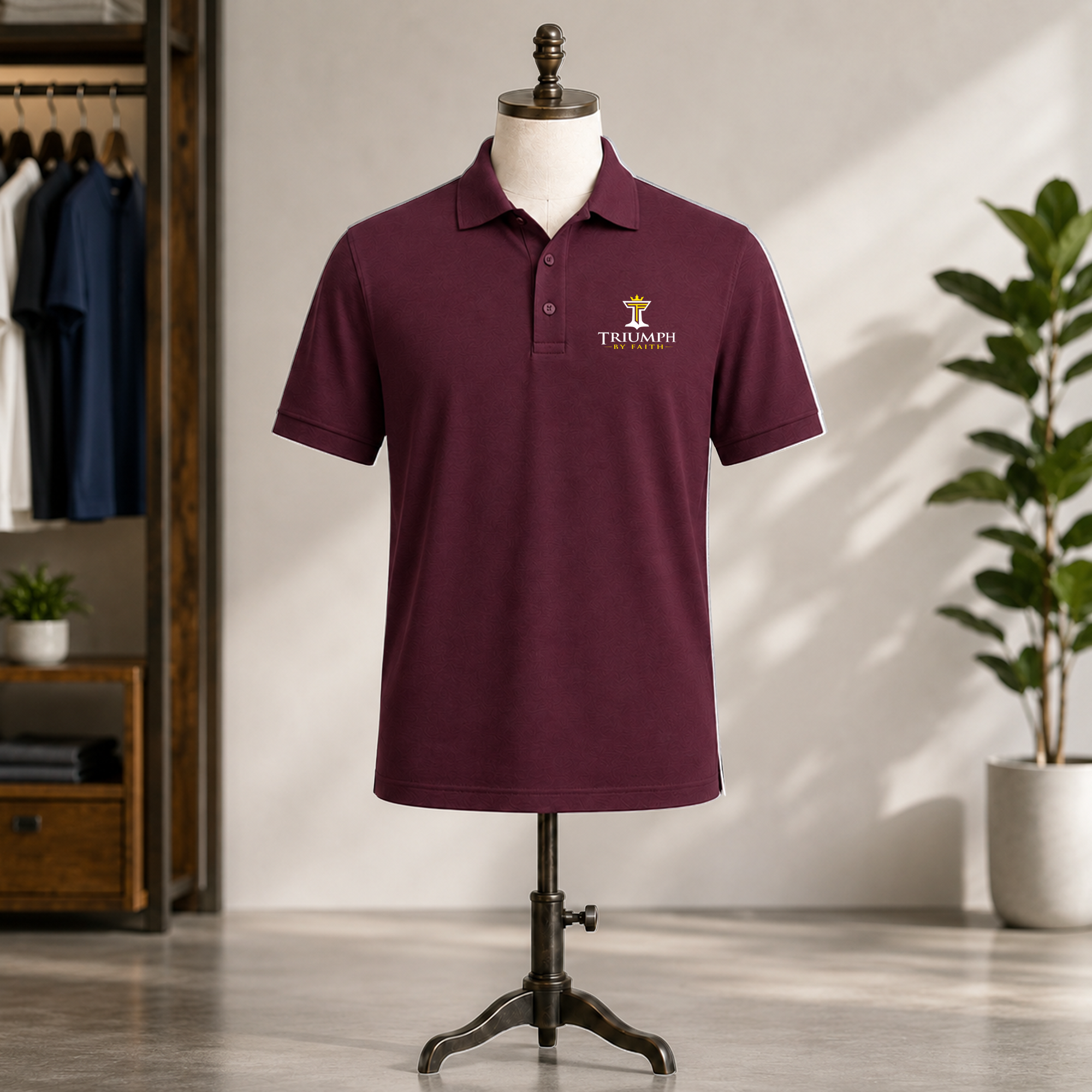 Athletic maroon mens triumph athletic polo on a mannequin stand with embroidered Triumph by Faith chest logo.