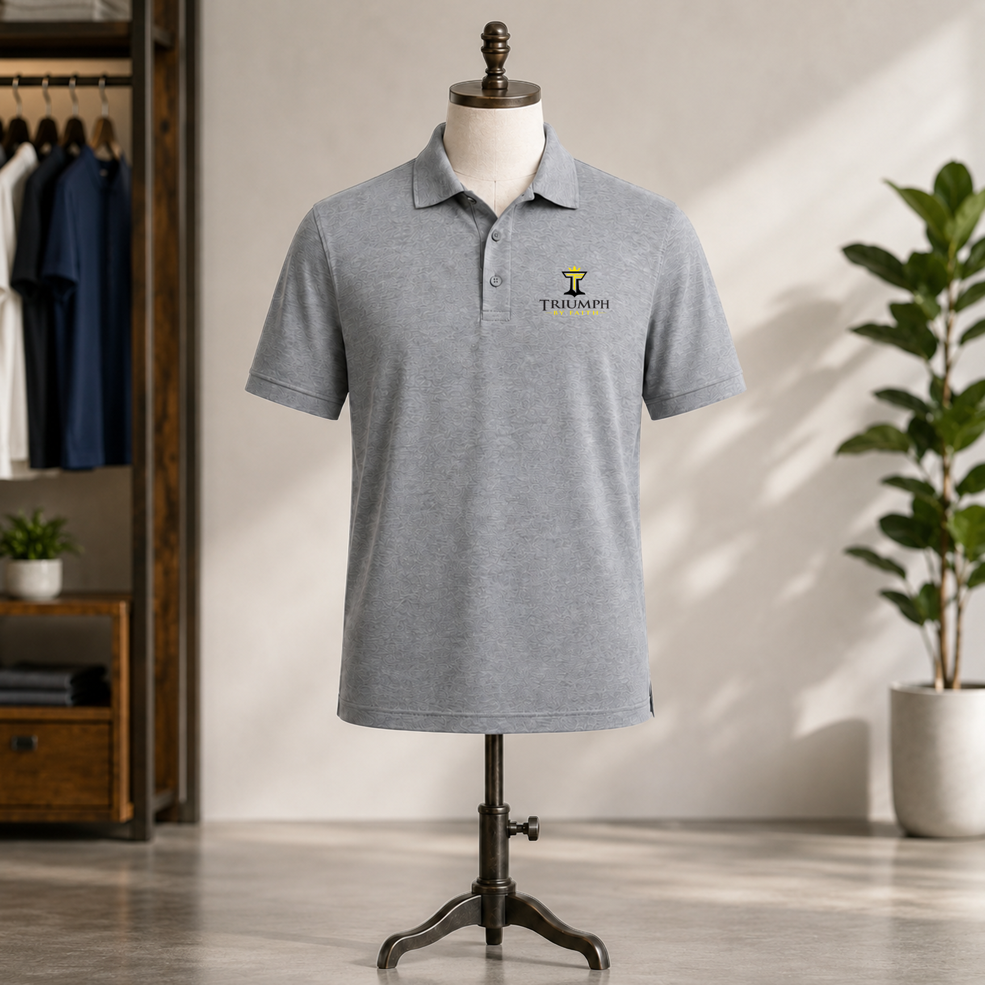 Athletic heather mens triumph athletic polo on a mannequin stand with embroidered Triumph by Faith chest logo.