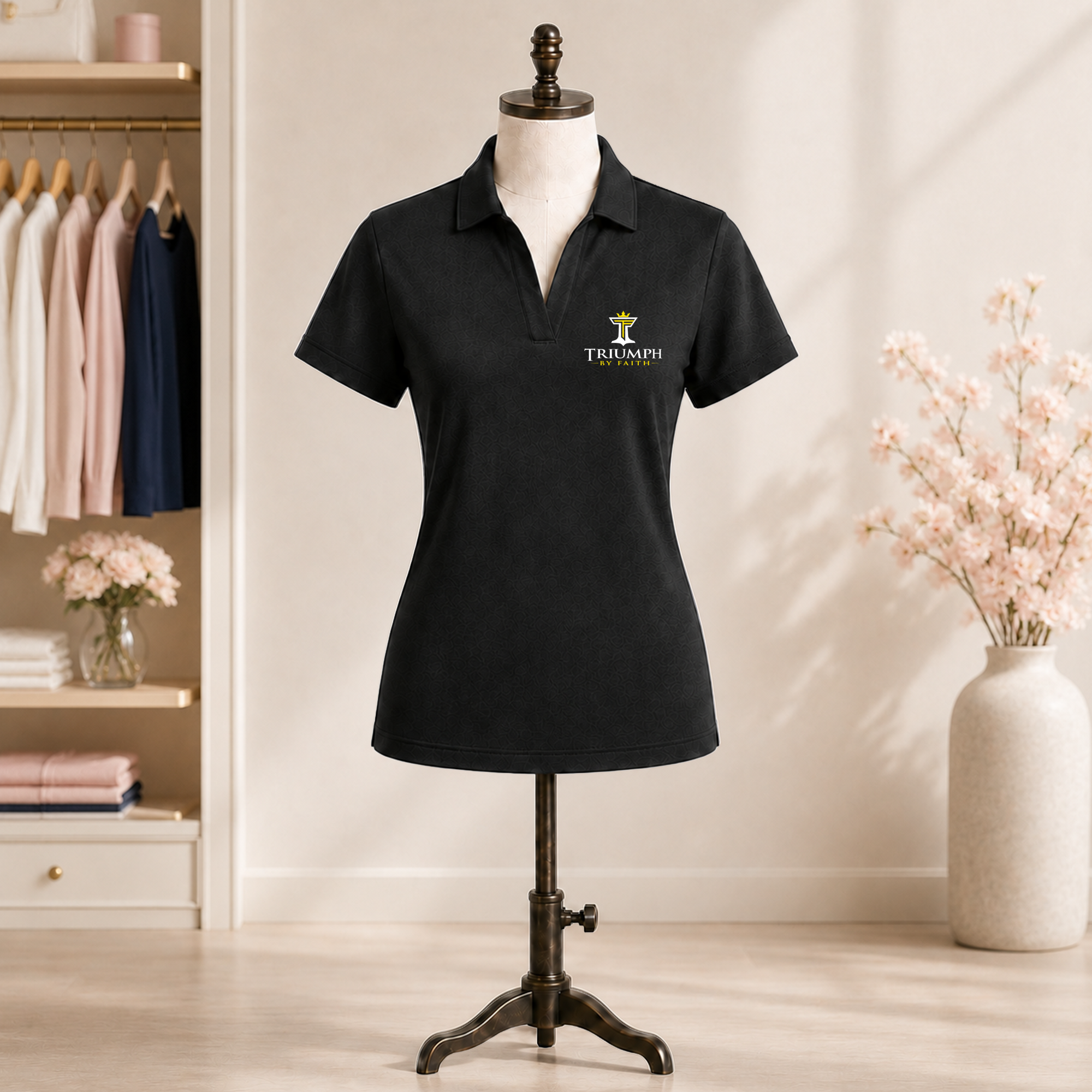 Womens Triumph jacquard polo in black displayed on a mannequin with embroidered Triumph by Faith logo
