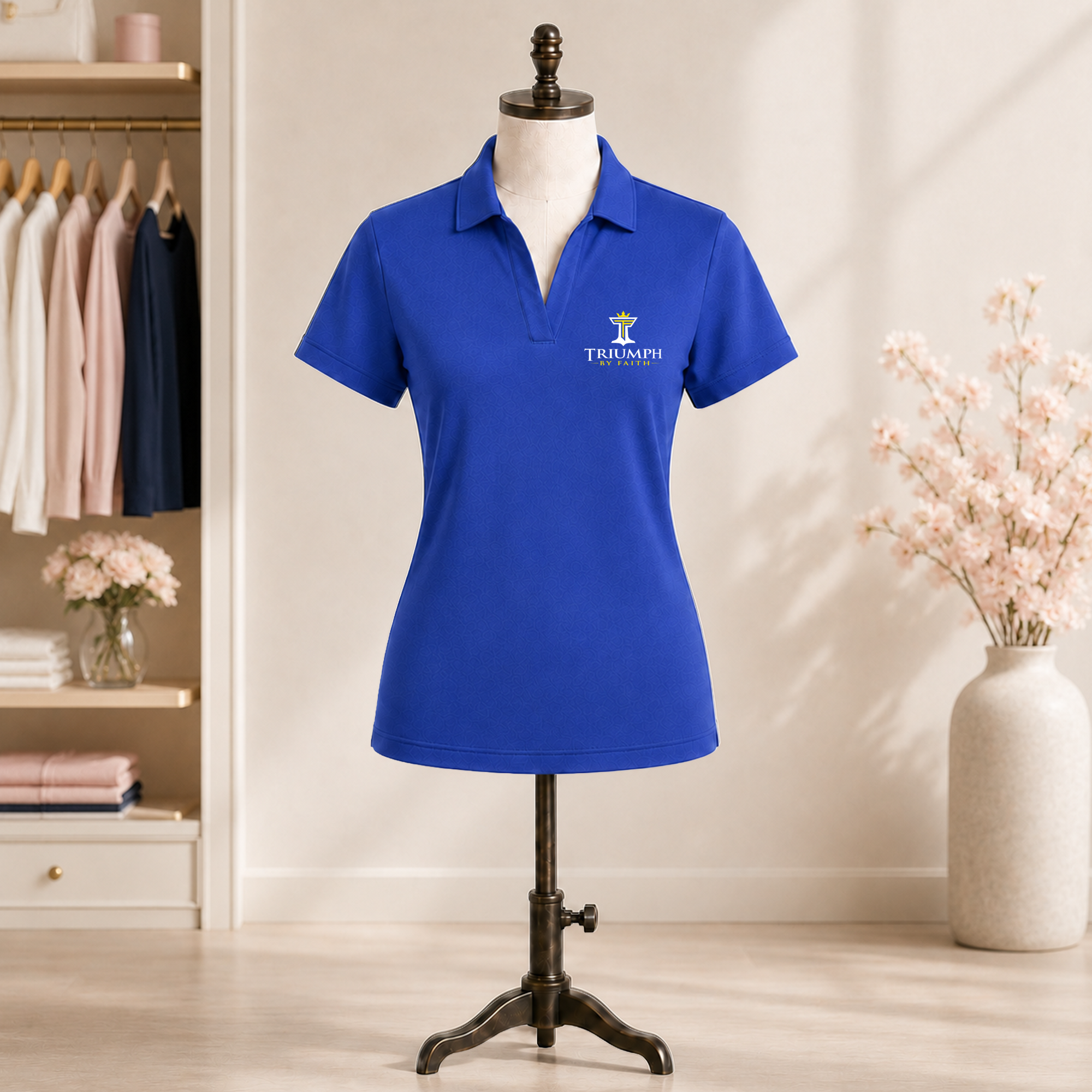Womens Triumph jacquard polo in hyper blue on mannequin with embroidered Triumph by Faith logo