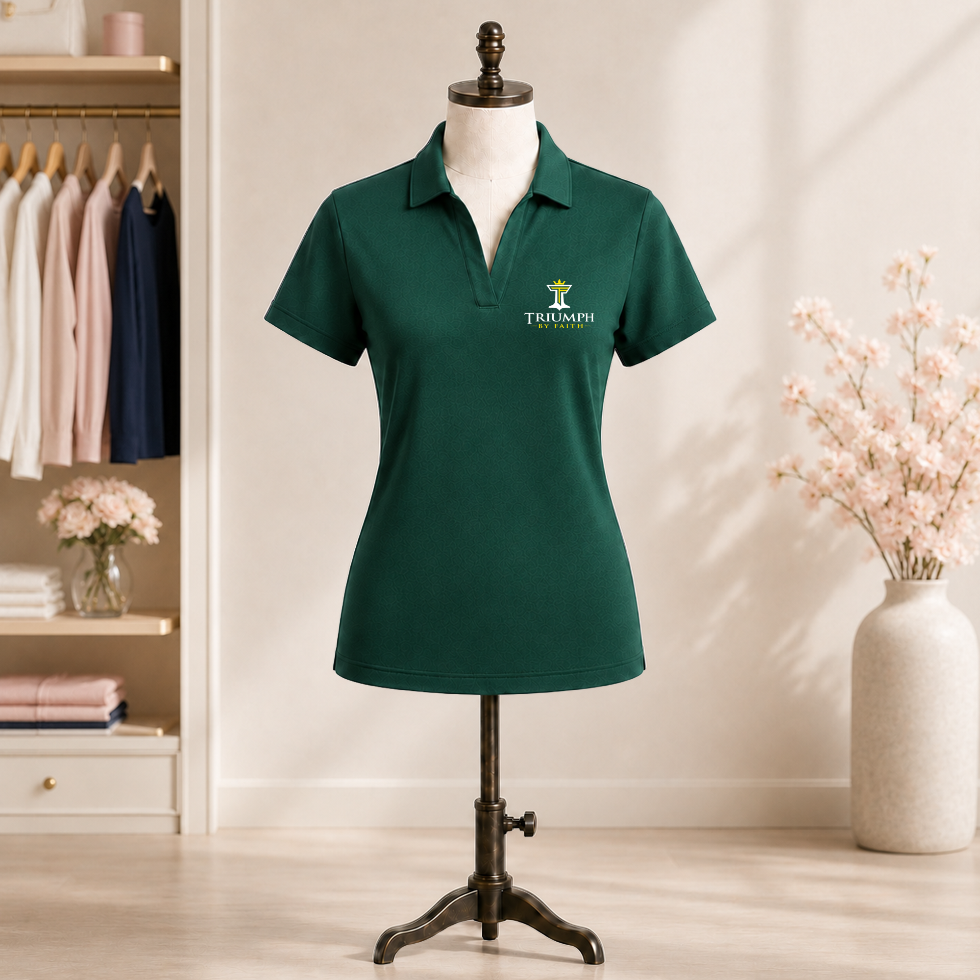 Womens Triumph jacquard polo in green glen on mannequin with embroidered Triumph by Faith logo