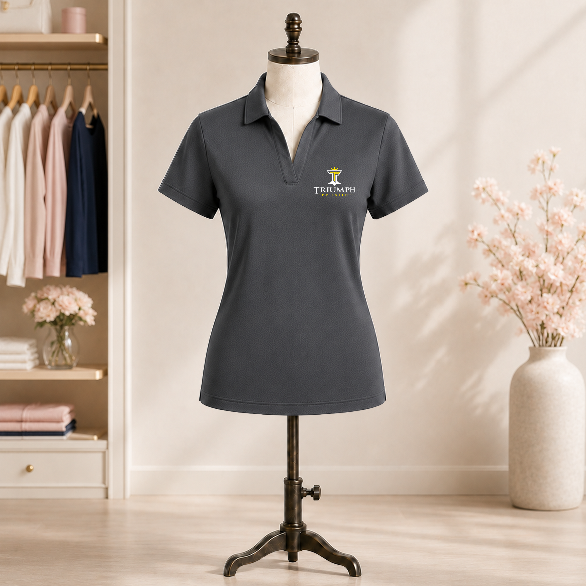 Womens Triumph jacquard polo in grey smoke displayed on mannequin with embroidered Triumph by Faith logo