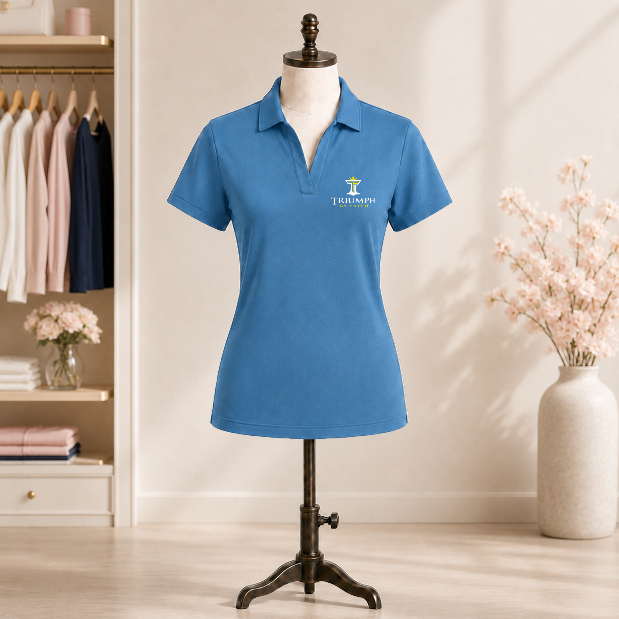Womens Triumph jacquard polo in ocean blue displayed on mannequin with embroidered Triumph by Faith logo