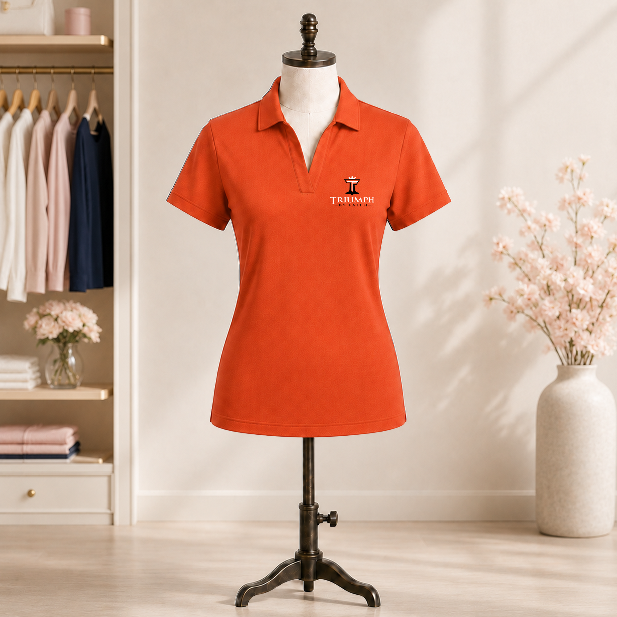 Womens Triumph jacquard polo in autumn orange on mannequin with embroidered Triumph by Faith logo