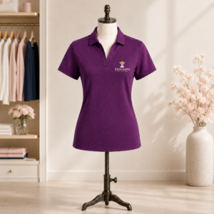 Womens Triumph jacquard polo in violet purple displayed on mannequin with embroidered Triumph by Faith logo