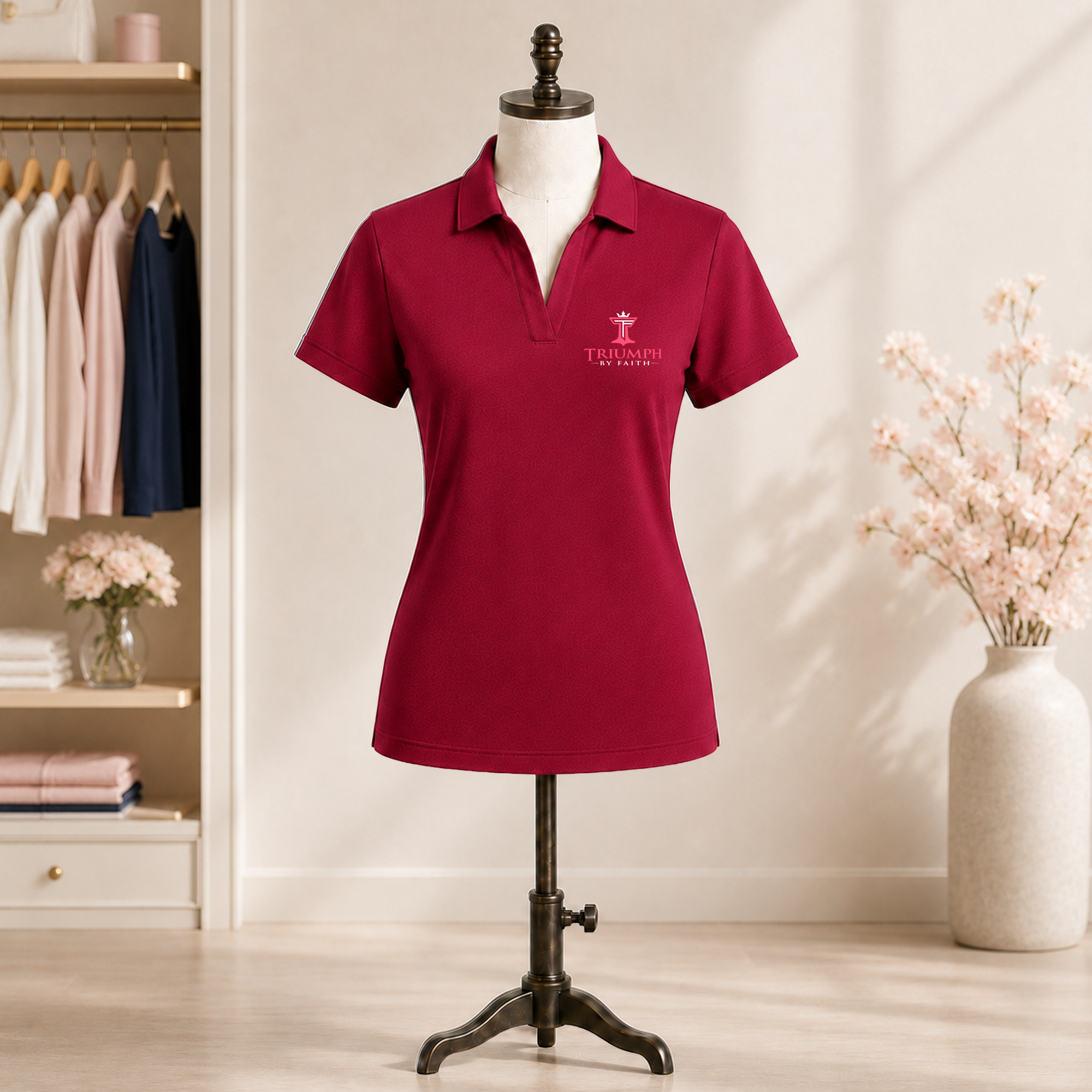 Womens Triumph jacquard polo in rich red on mannequin with embroidered Triumph by Faith logo
