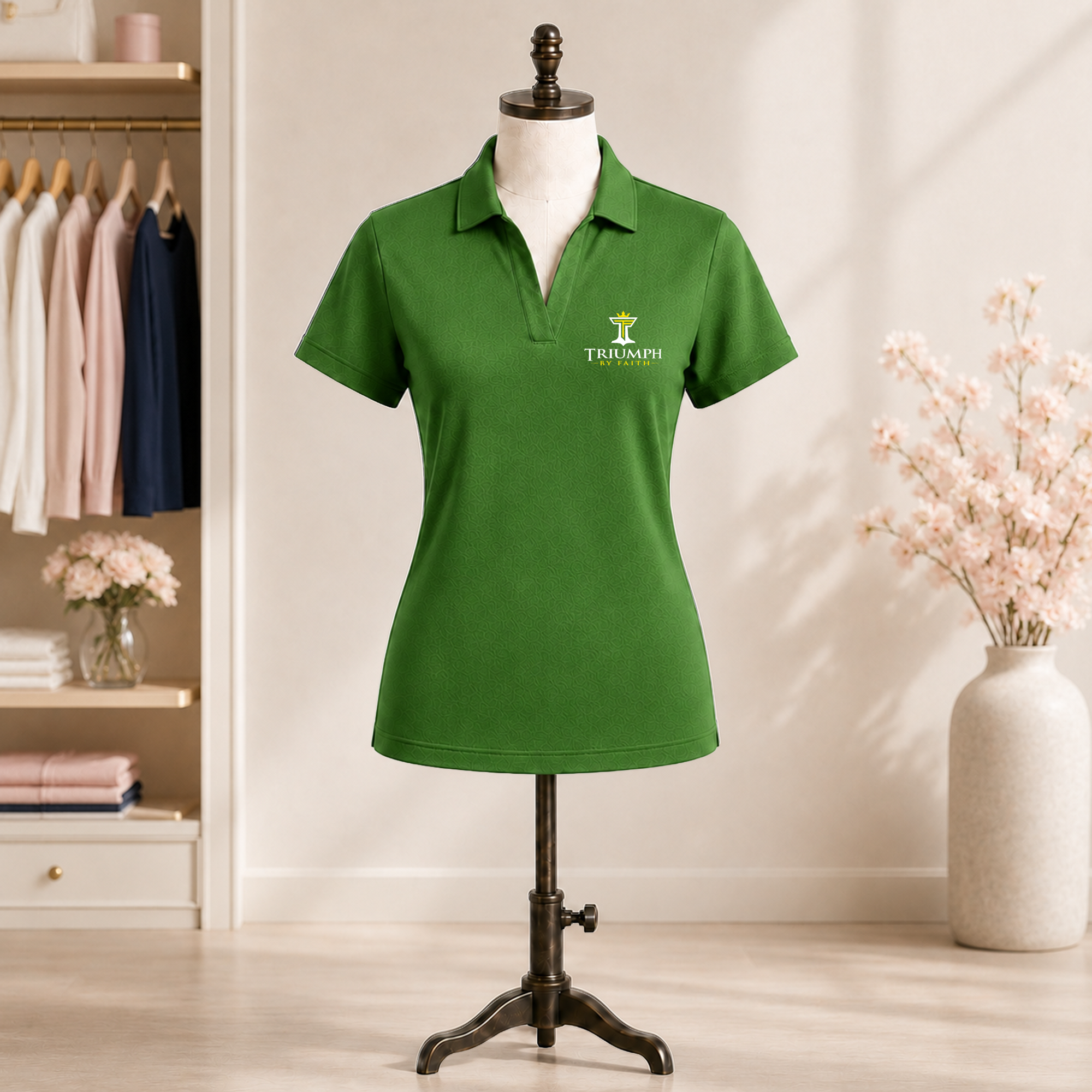 Womens Triumph jacquard polo in vine green displayed on mannequin with embroidered Triumph by Faith logo