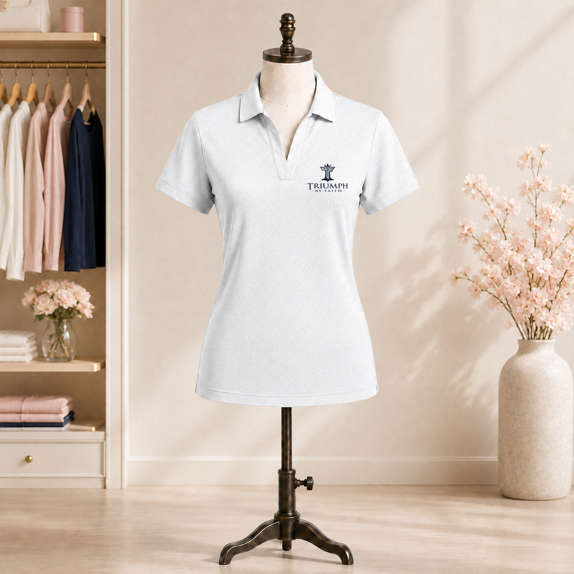 Womens Triumph jacquard polo in white displayed on mannequin with embroidered Triumph by Faith logo
