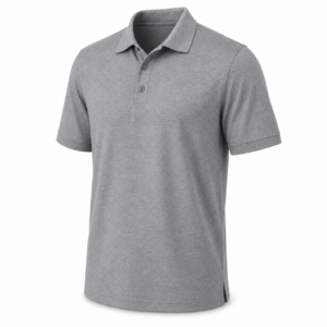Mens triumph athletic polo in athletic heather shown from a front angle with collar and button placket.