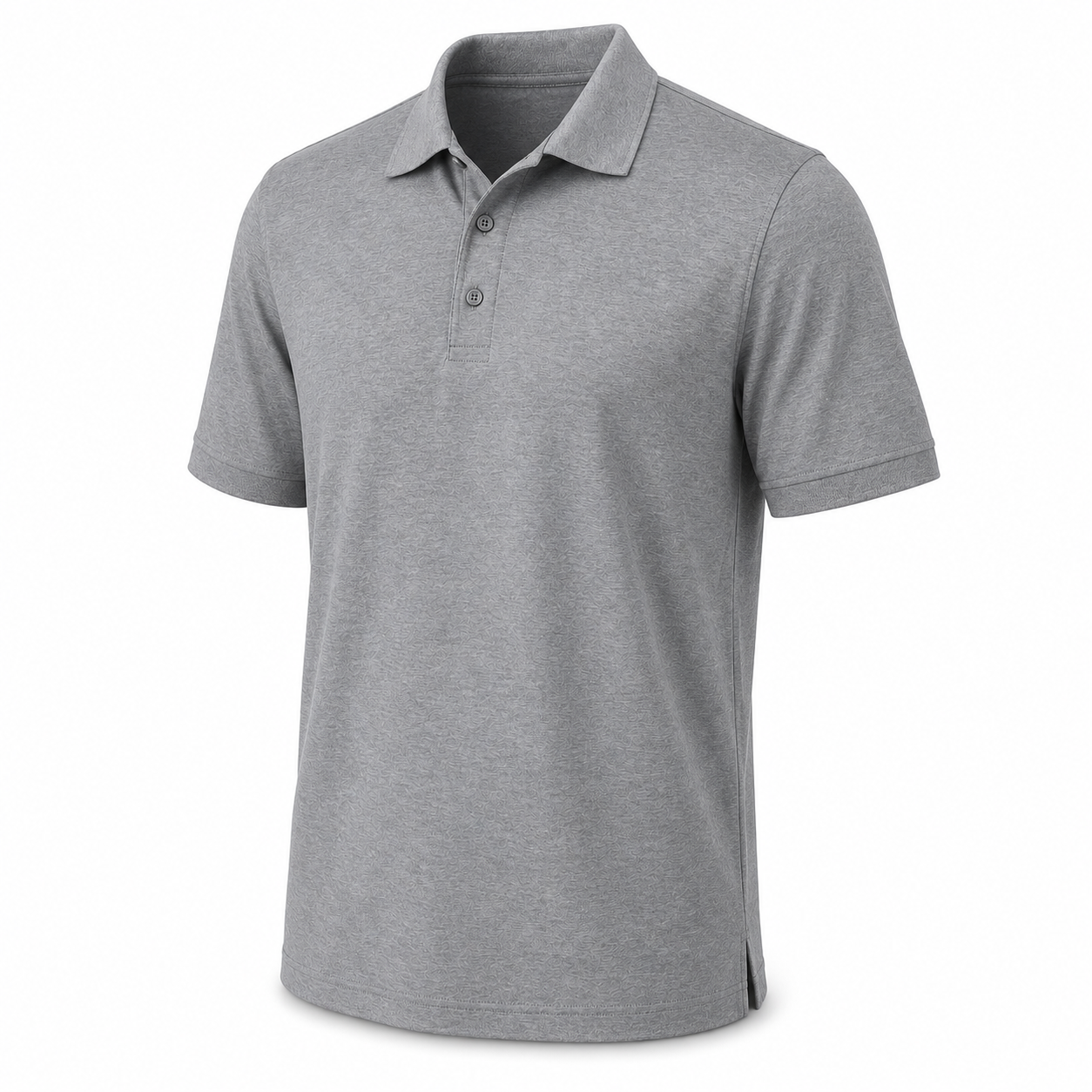 Mens triumph athletic polo in athletic heather shown from a front angle with collar and button placket.